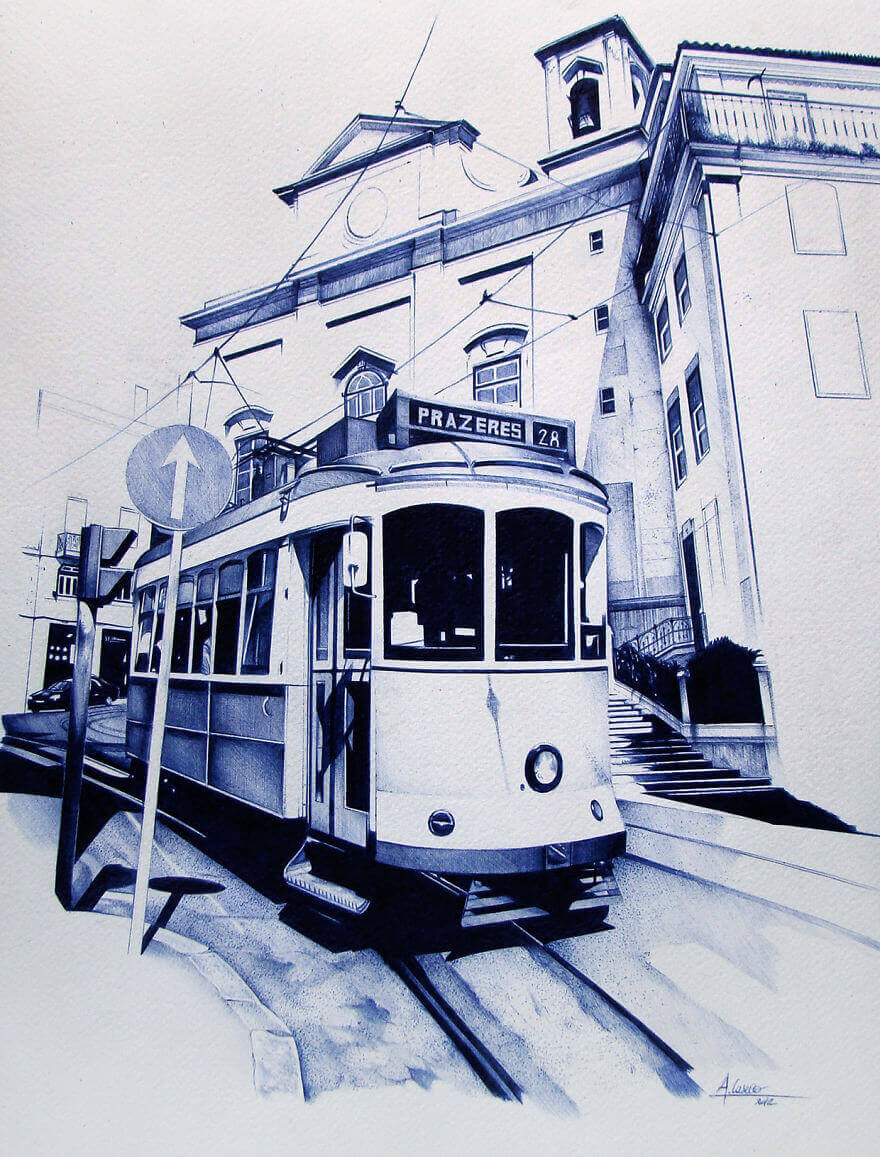 Лиссабон и его трамваи, рисунок шариковой ручкой