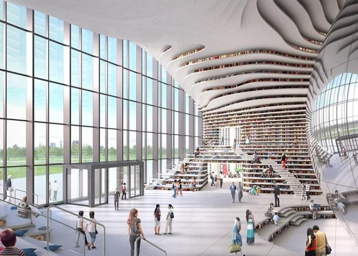 Захватывающая китайская библиотека хранит 1,2 миллиона книг в своих изогнутых стенах